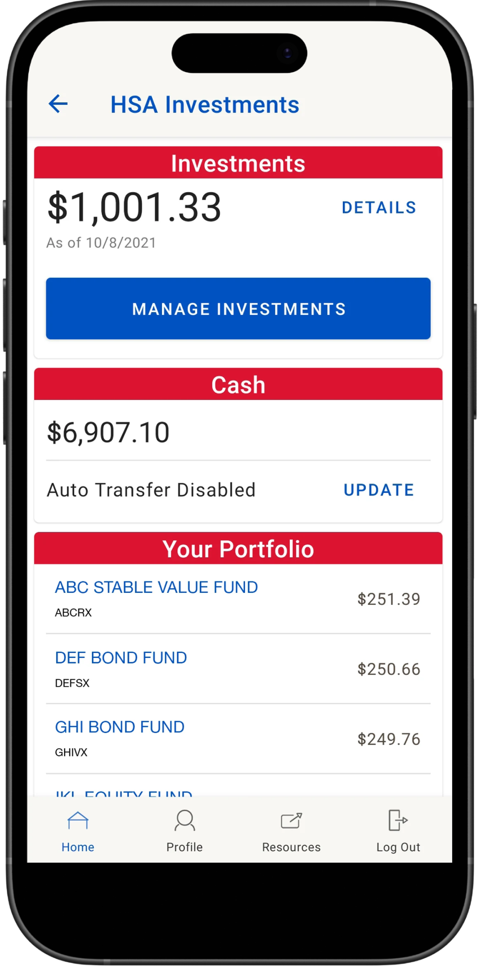 Legacy HSA investments screen